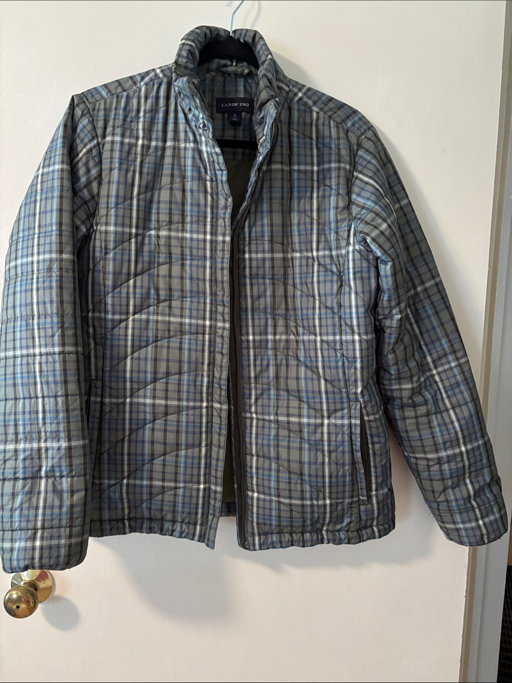 Lands' End Women’ Plaid Quilted Puffer Jacket in Green and Blue.